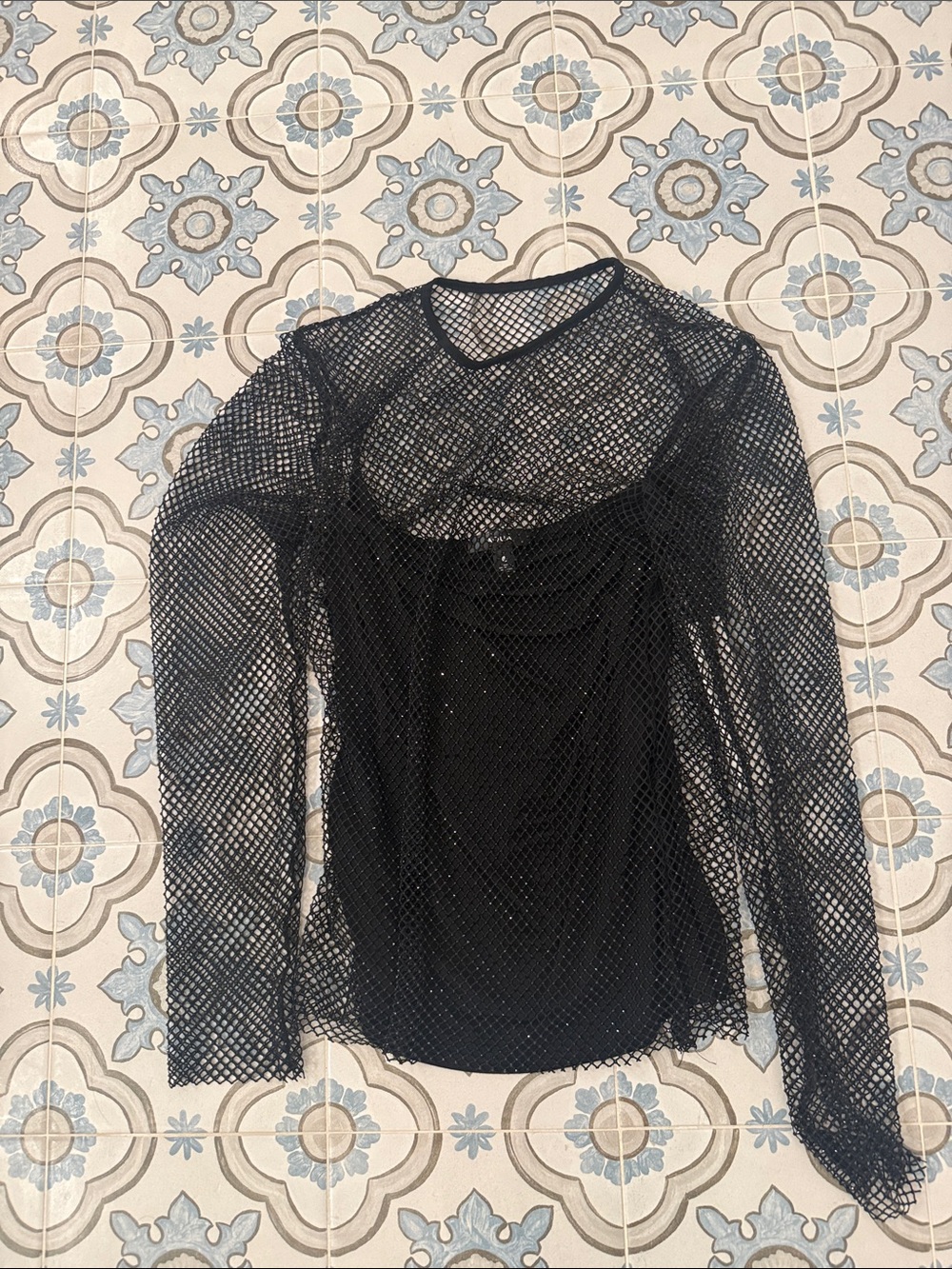 Aqua Black Sheer Fishnet Long-Sleeve Top